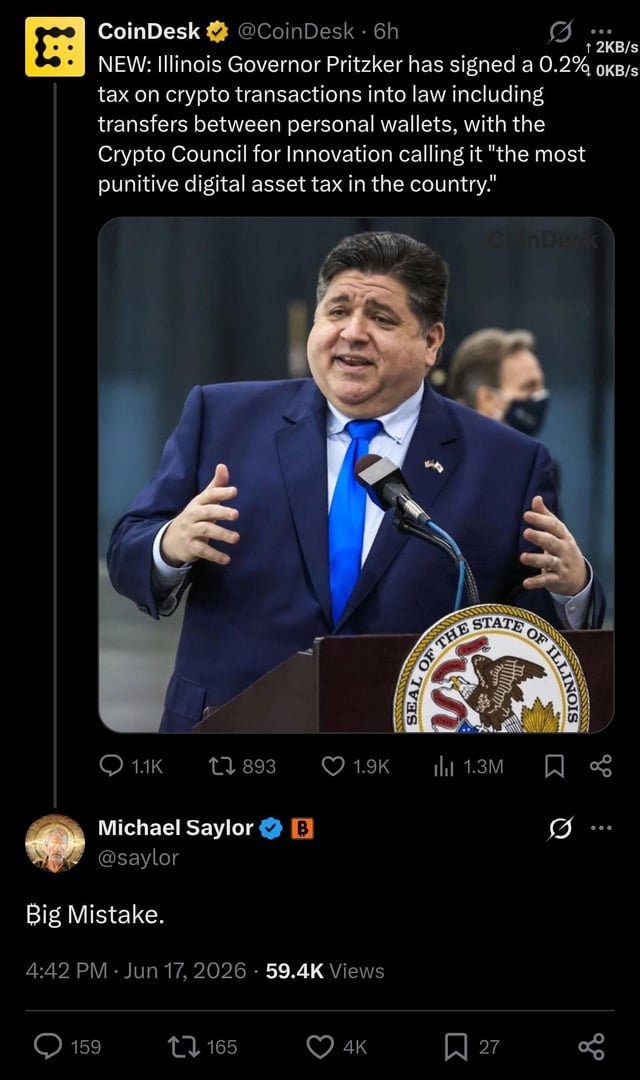 Michael Saylor calls the newly signed Illinois 0.2% tax on crypto transactions into law “Big Mistake”